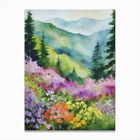 Smoky Mountains Painting, Spring Flowers, Watercolor Art, Appalachian Mountain Landscape Wall Art, Mountain Forest Print..175 Canvas Print