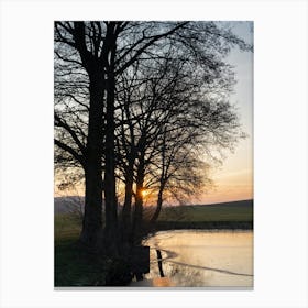 Tree silhouette and frozen pond at sunset Canvas Print