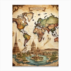 A World Map Visualizing An International Journey Pinpointing Iconic Historical Landmarks Across Var (1) Canvas Print