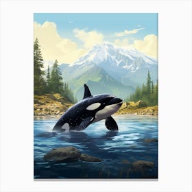Realistic Painting Style Of Orca Whale Diving Out Of Water Canvas Print