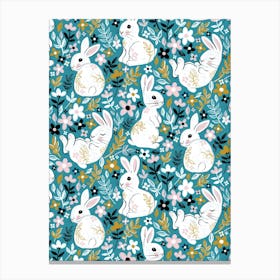 Little White Rabbits On Teal Canvas Print