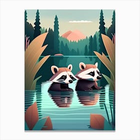 Two Curious Raccoons Swimming In A Lake Canvas Print