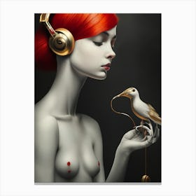 Woman With Headphones And A Bird 3 Canvas Print