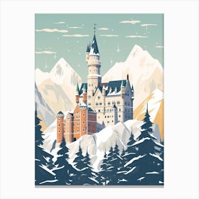 Vintage Winter Travel Illustration Schloss Neuschwanstein Germany 6 Canvas Print