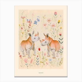 Folksy Floral Animal Drawing Rhino 4 Poster Canvas Print