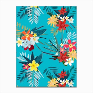 Frangipani, Lily Palm Leaves Tropical Vibrant Colored Trendy Summer Pattern Canvas Print