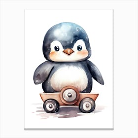 Baby Penguin On A Toy Car, Watercolour Nursery 0 Canvas Print