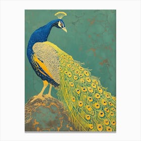 Blue Mustard Peacock Portrait On A Rock 2 Canvas Print