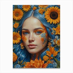 Blue Haired Girl With Sunflowers Canvas Print