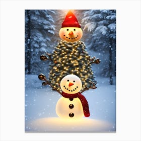 Snowman And Christmas Tree Canvas Print