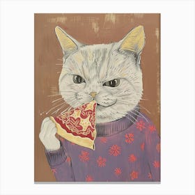 Cute Grey Cat Eating A Pizza Slice Folk Illustration 4 Canvas Print