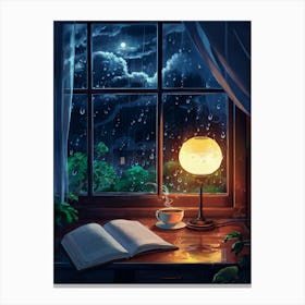 Lofi Anime Art: Cozy rainy night window with an open book, warm lamp glow, and steaming tea. Perfect for tranquil and introspective vibes. Canvas Print