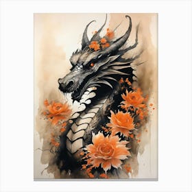 Japanese Dragon Abstract Flowers Painting (13) Canvas Print