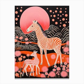 Zebra In The Wild With Other Animals Black & Red Canvas Print