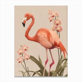 American Flamingo And Orchids Minimalist Illustration 2 Canvas Print