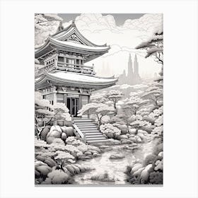 Hachijo Jima In Tokyo, Ukiyo E Black And White Line Art Drawing 1 Canvas Print