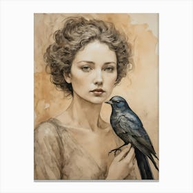 Woman Portrait With A Bird Painting (53) Canvas Print