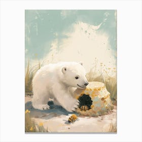 Polar Bear Cub Playing With A Beehive Storybook Illustration 4 Canvas Print