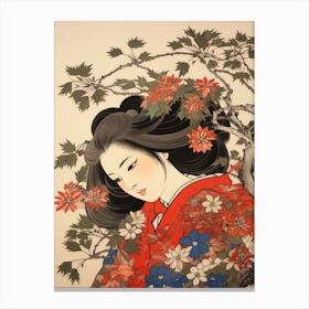 Omurasaki Japanese Aster Vintage Japanese Botanical And Geisha Canvas Print