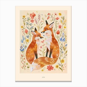 Folksy Floral Animal Drawing Fox 4 Poster Canvas Print