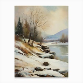 Ancient landscapes, old winter oil paintings and rocks around the lake bank. Snow is falling on the lake, old colors.16 Canvas Print