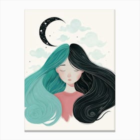 Girl With Long Hair And Moon Canvas Print