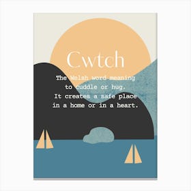 Welsh Cwtch Quote Sea, Sun and Boats, Blue and Neuteal Canvas Print