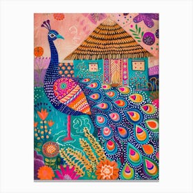 Peacock Outside A Thatched Cottage Illustration 1 Canvas Print