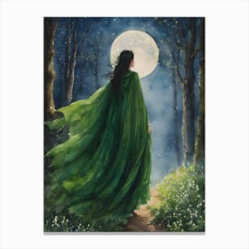 Green Maiden of the Moon ~ Lunar Gazing Moon Phases Witchy Artwork Fairytale Watercolour Pagan Painting Altar Cards - Tarot Oracle Witchcore Cottagecore Enchanted Forest Mysterious Woods Yoga Meditation Spiritual Awakening, Third Eye Heart Chakra Healing Goddess Ostara Festival Canvas Print