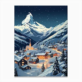 Winter Travel Night Illustration Zermatt Switzerland 2 Canvas Print