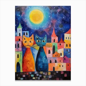 Cats With A Medieval Village Behind In The Moonlight 2 Canvas Print