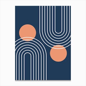 Mid Century Modern Geometric In Navy Blue And Peach (Rainbow And Sun Abstract) Canvas Print