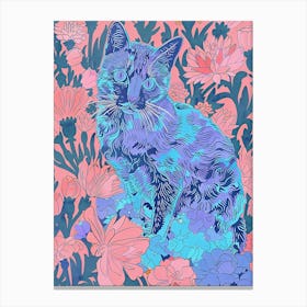 Cute Russian Blue Cat With Flowers Illustration 3 Canvas Print