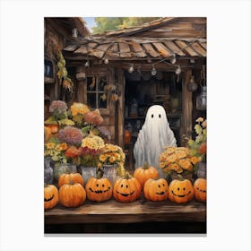 Cute Bedsheet Ghost, Botanical Halloween Watercolour 128 Canvas Print