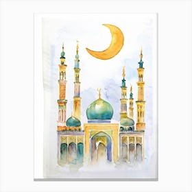 Watercolor Style Illustration Of A Majestic Mosque Minarets Towering Gracefully Into The Sky Dome Canvas Print