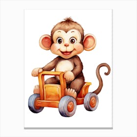 Baby Monkey On A Toy Car, Watercolour Nursery 2 Canvas Print