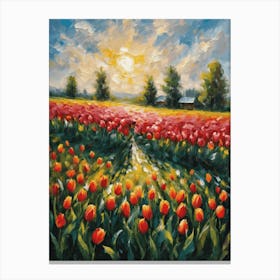 Tulips in the Meadow ~ Spring Summer Oil Painting Vibrant Countryside Summer Landscape Feature Wall Decor - Botanical Beautiful Canvas Print