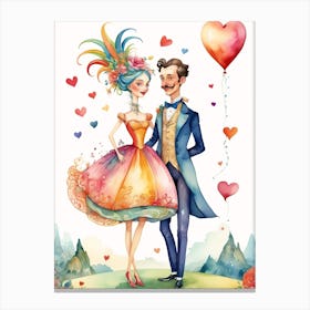 Couple Holding Heart Balloons Valentine's Day water Color caricature , Love Canvas Print