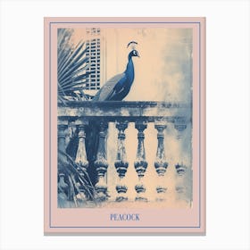 Cyanotype Inspired Peacock Resting On A Handrail 2 Poster Canvas Print