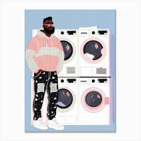 Illustration Of A Man Standing In Front Of Washing Machines Canvas Print