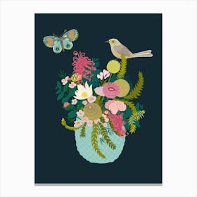 Bird and Butterfly with Native Flowers In A Vintage Vase on Dark Blue Background Canvas Print