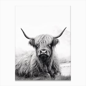 Highland Cow Sat In The Grass Black & White Stippling Canvas Print