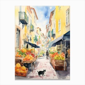 Food Market With Cats In Porto 4 Watercolour Canvas Print