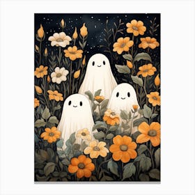 Cute Bedsheet Ghost, Botanical Halloween Watercolour 20 Canvas Print