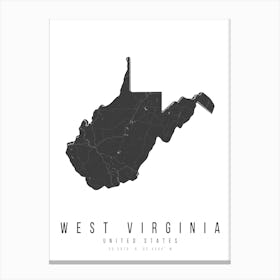 West Virginia Mono Black And White Modern Minimal Street Map Canvas Print