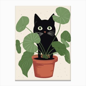 Black Cat Digging A Plant Pot Cute Illustration Canvas Print