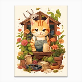 Kawaii Cat Drawings Gardening 2 Canvas Print