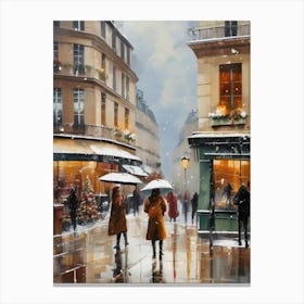 Paris cafes, winter season, Christmas, autumn oil colors, pale colors, pedestrians in the street, winter clothes, falling snow.8 Canvas Print