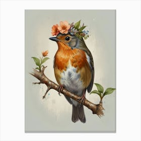 Robin With Flower Crown3 Style Watercolor Canvas Print