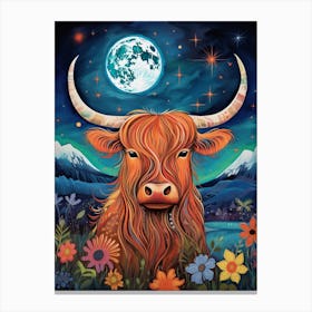 Portrait Of Highland Cow Under The Moon Canvas Print